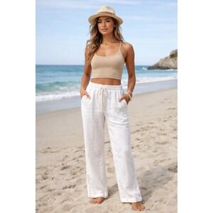 Roxy Linen Pants Small White Drawstring Elastic Waist Beach Resort S